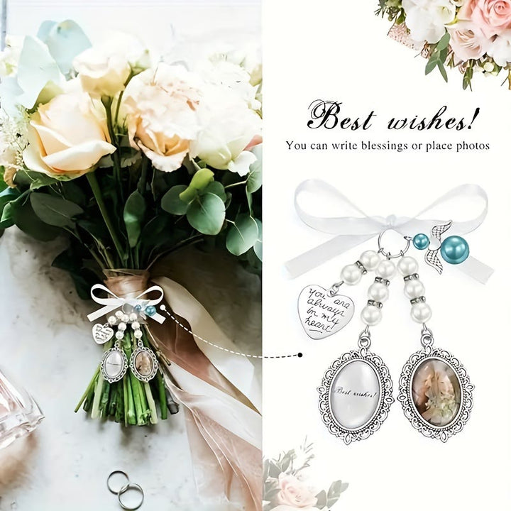 Custom Photo And Text Keychain Wedding Bouquet Pendant