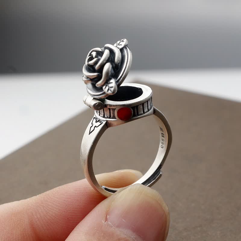 Rose Flower Adjustable Ring with Hidden Compartment - Silver - image 0