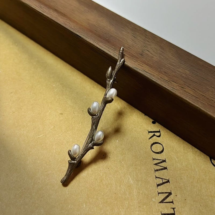 Vintage Branch Brooch Wood Pearl Alloy Pin