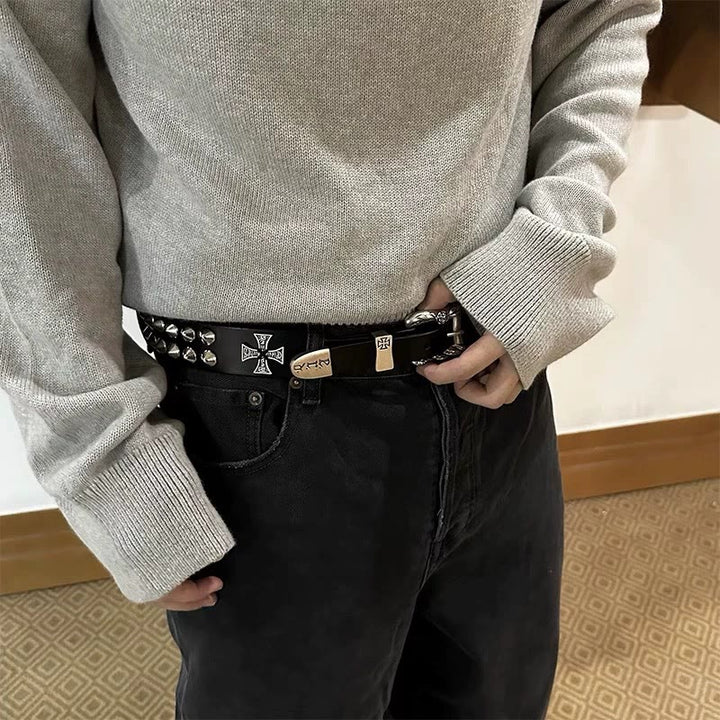 Easter Cross Pattern Belt Punk Rivet Leather Waistband