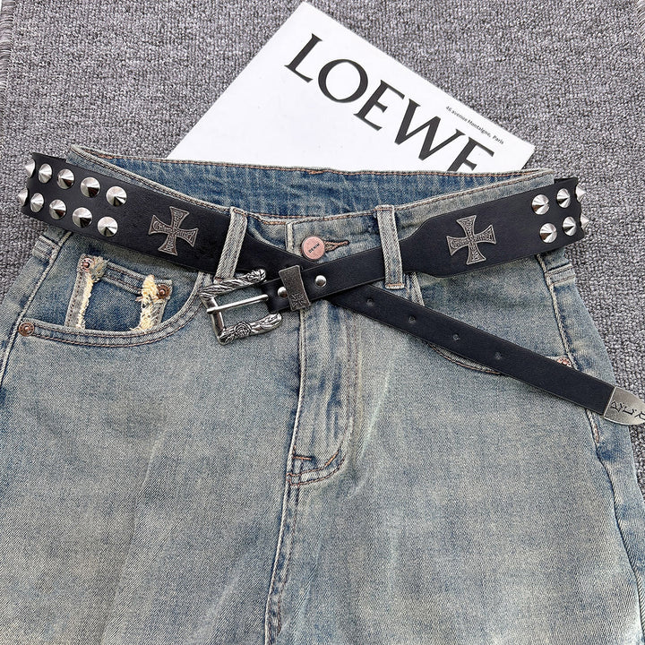 Easter Cross Pattern Belt Punk Rivet Leather Waistband