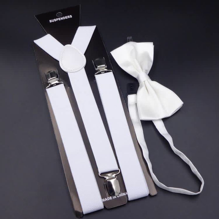 2Pcs Solid Color Bow Tie 3-Clips Adjustable Suspenders Set