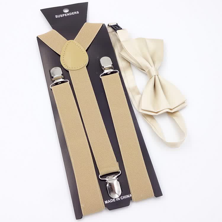 2Pcs Solid Color Bow Tie 3-Clips Adjustable Suspenders Set