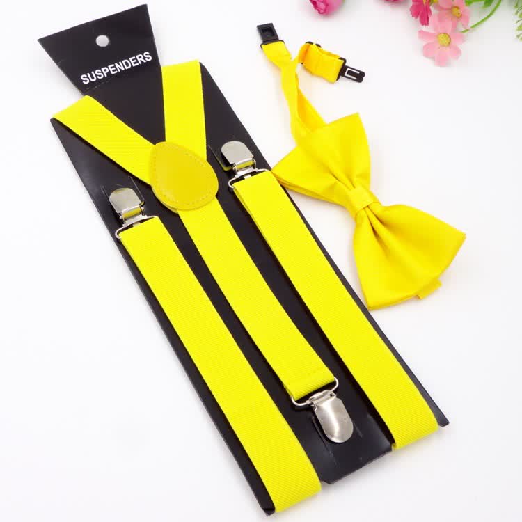 2Pcs Solid Color Bow Tie 3-Clips Adjustable Suspenders Set