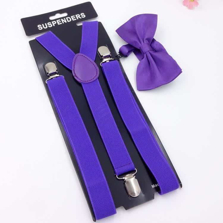 2Pcs Solid Color Bow Tie 3-Clips Adjustable Suspenders Set