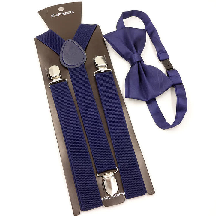 2Pcs Solid Color Bow Tie 3-Clips Adjustable Suspenders Set