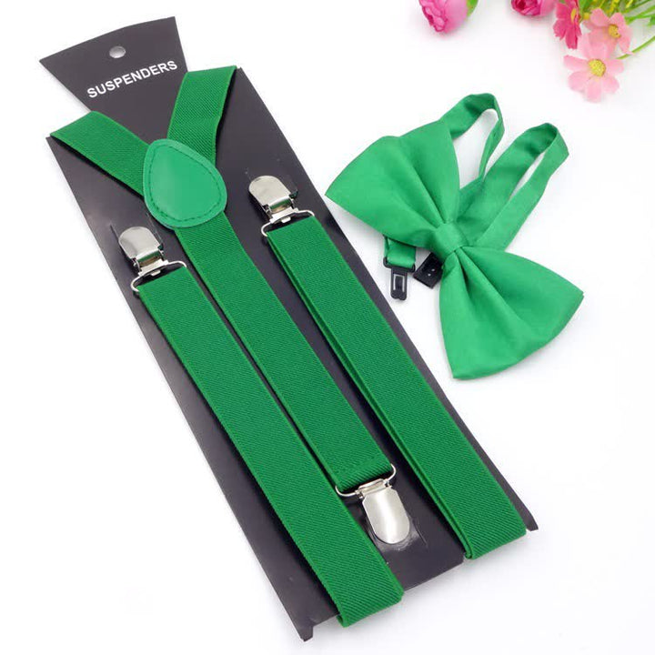 2Pcs Solid Color Bow Tie 3-Clips Adjustable Suspenders Set