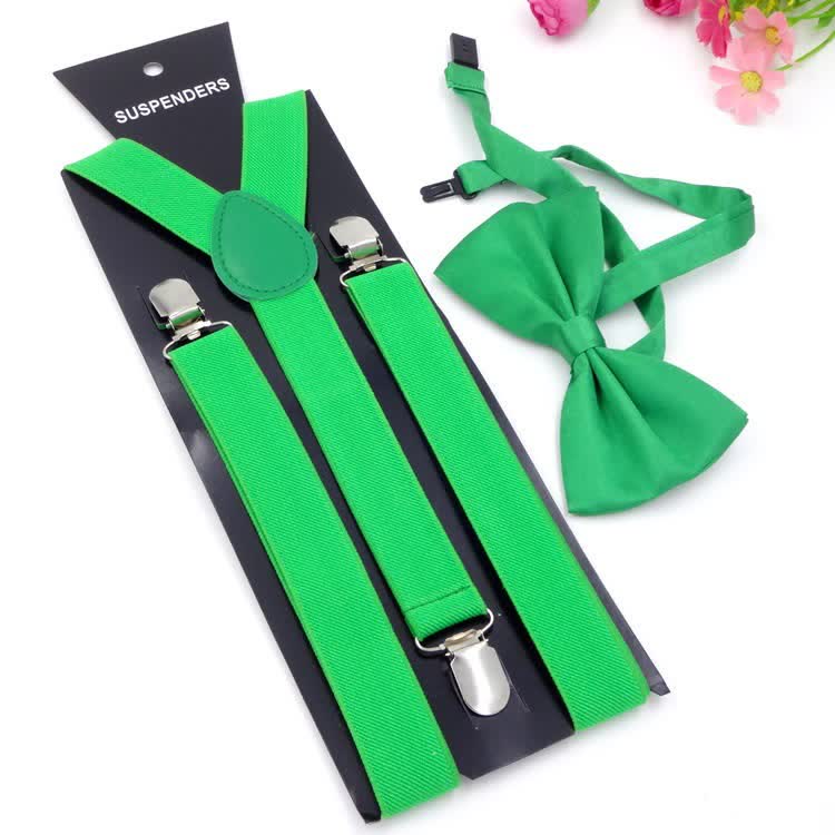 2Pcs Solid Color Bow Tie 3-Clips Adjustable Suspenders Set