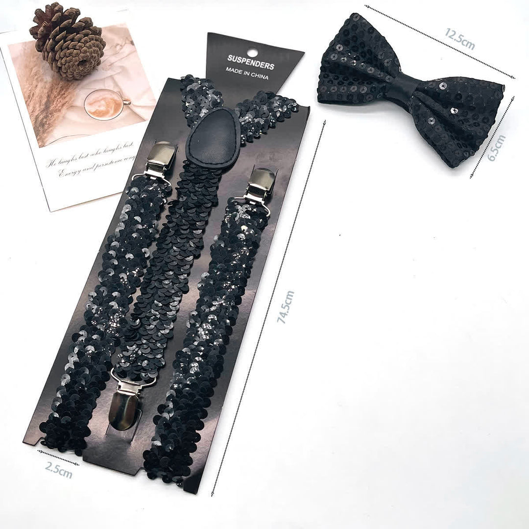 2Pcs Funny Party Sequin Bow Tie 3-Clips Adjustable Suspenders Set