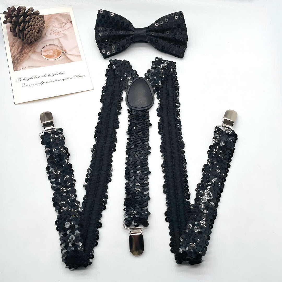 2Pcs Funny Party Sequin Bow Tie 3-Clips Adjustable Suspenders Set