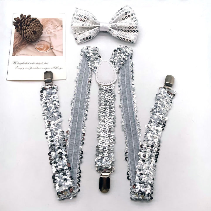 2Pcs Funny Party Sequin Bow Tie 3-Clips Adjustable Suspenders Set