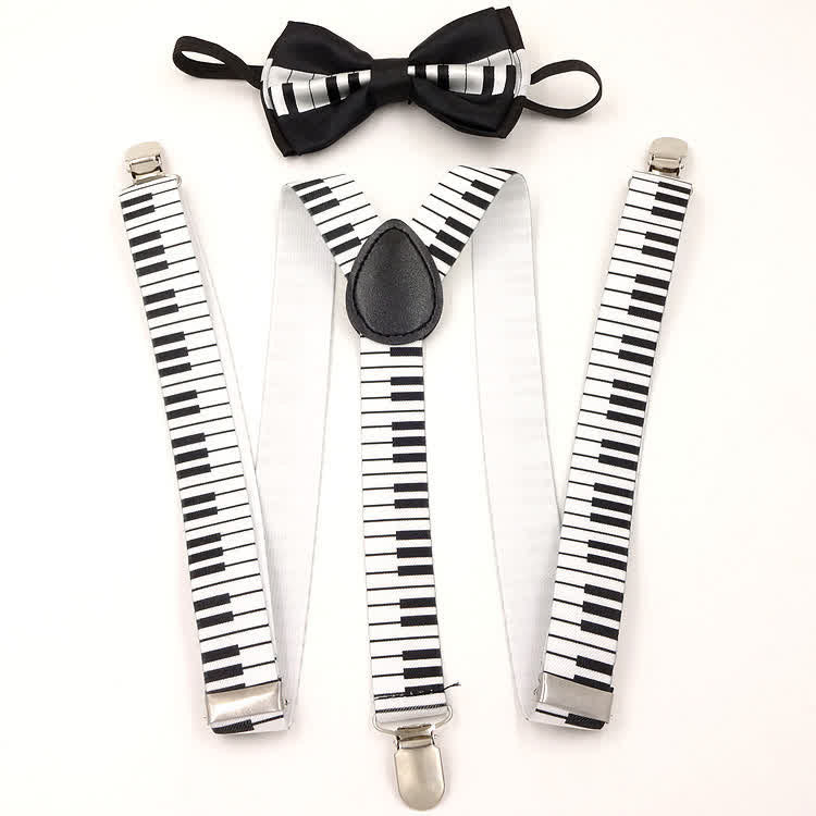 2Pcs Piano Pattern Music Bow Tie 3-Clips Adjustable Suspenders Set