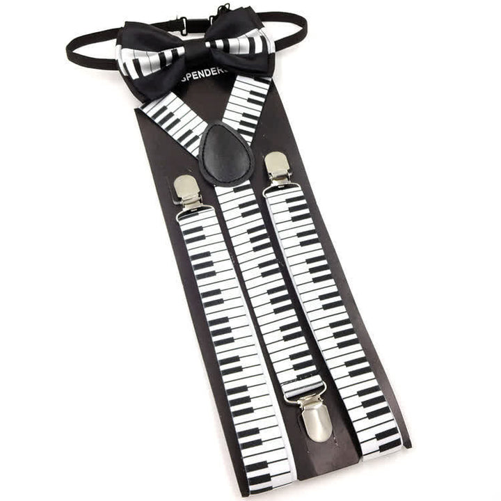 2Pcs Piano Pattern Music Bow Tie 3-Clips Adjustable Suspenders Set