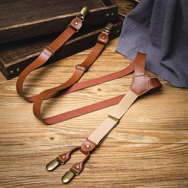 Brown Retro Style Elastic Adjustable Leather Suspenders