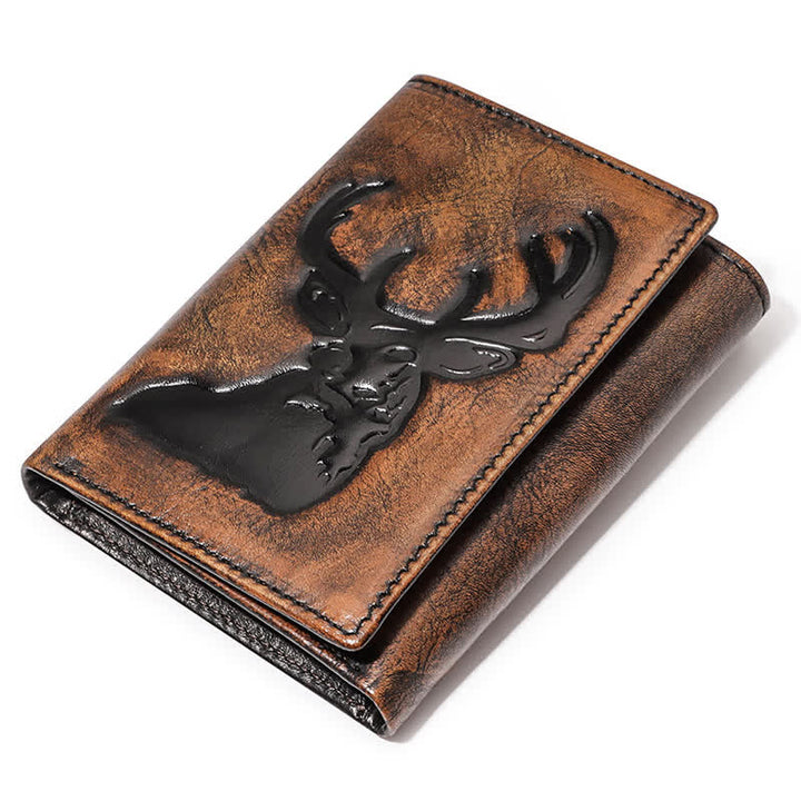 Deer Embossed Hand Burnished Color Leather Wallet with Chain