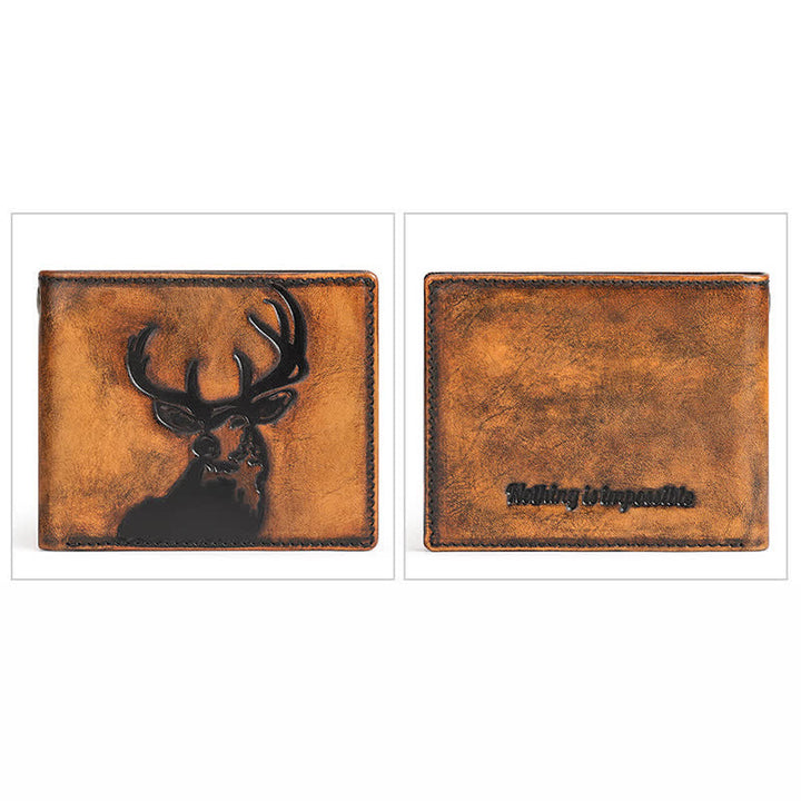 Deer Embossed Hand Burnished Color Leather Wallet with Chain