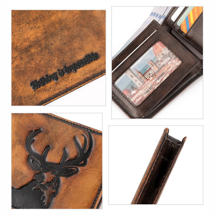 Deer Embossed Hand Burnished Color Leather Wallet with Chain