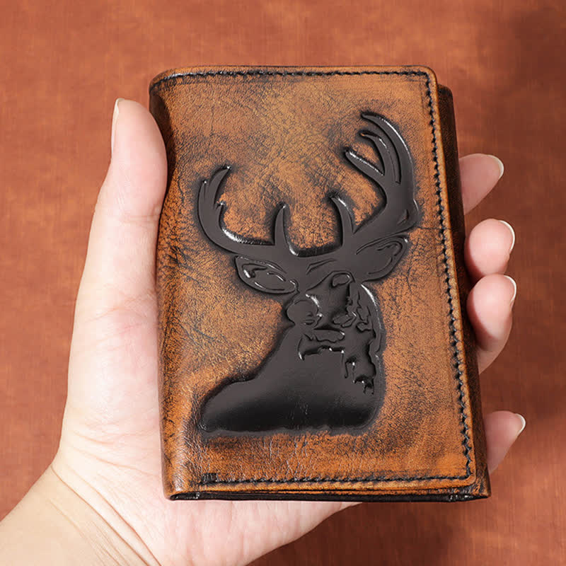 Deer Embossed Hand Burnished Color Leather Wallet with Chain