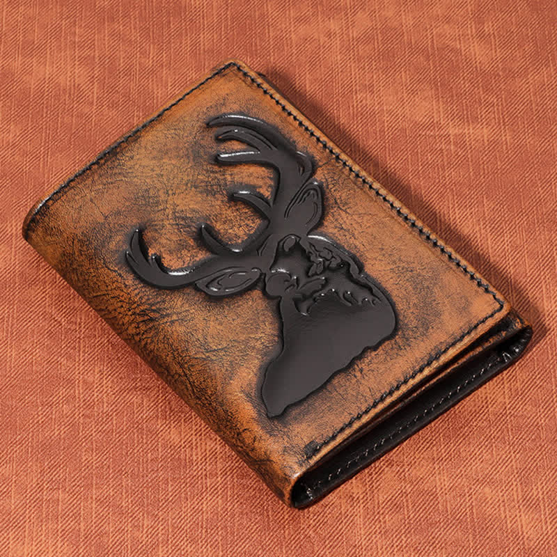 Deer Embossed Hand Burnished Color Leather Wallet with Chain