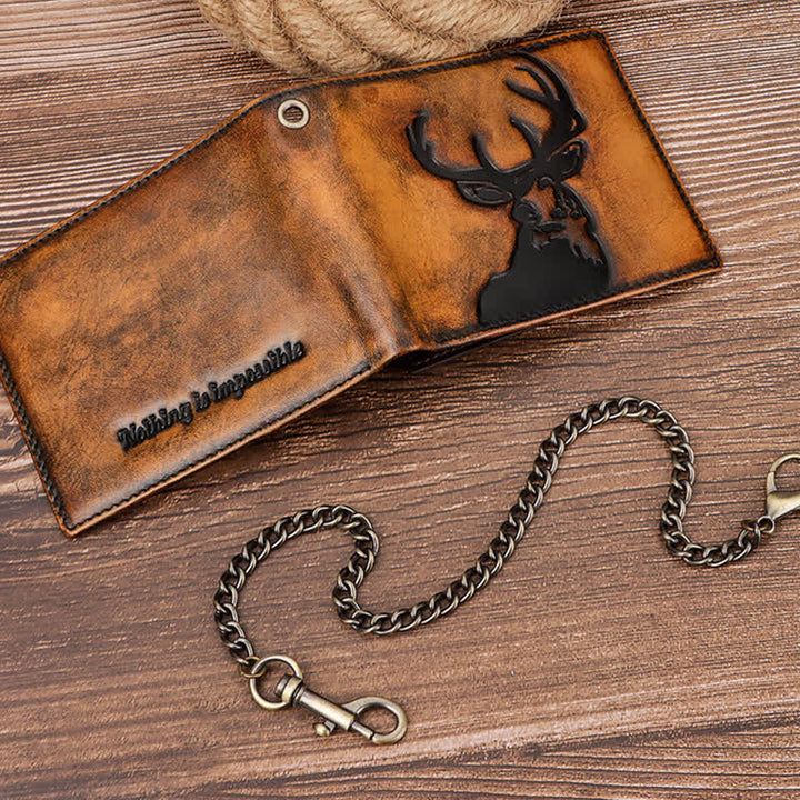 Deer Embossed Hand Burnished Color Leather Wallet with Chain