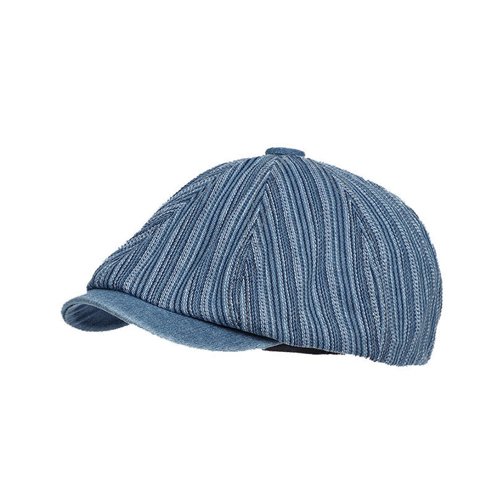 Artist Painter Striped Washed Denim Octagonal Beret Cap