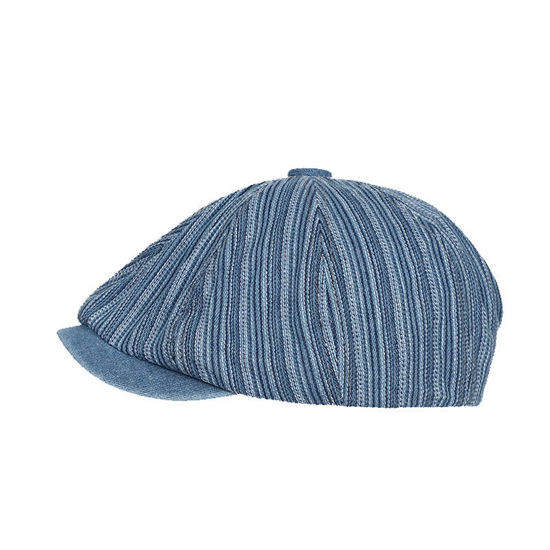 Artist Painter Striped Washed Denim Octagonal Beret Cap