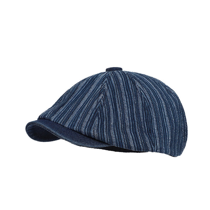 Artist Painter Striped Washed Denim Octagonal Beret Cap