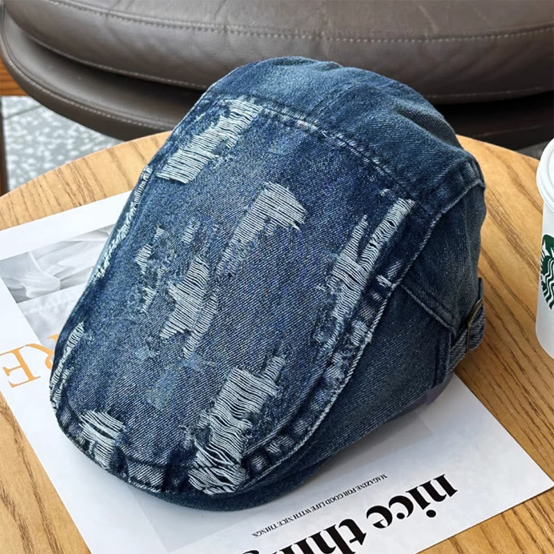 Ripped Washed Denim Newsboy Flat Cap Beret Cap