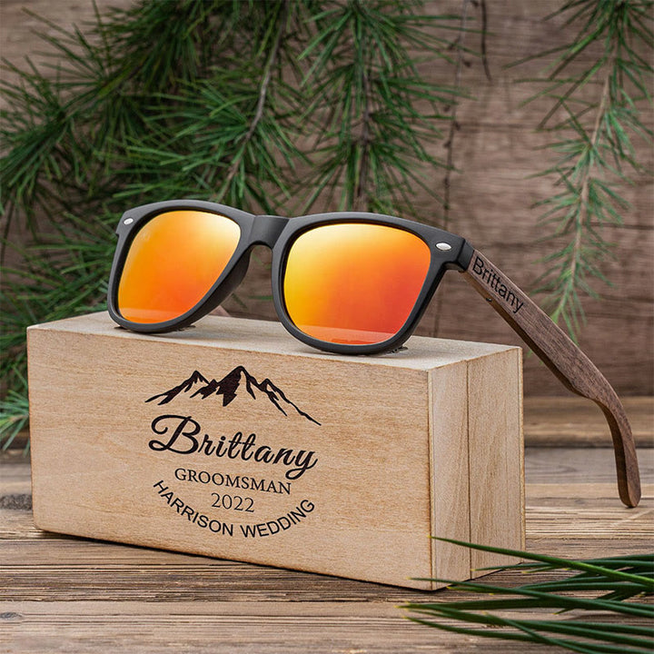 Sunshade Mirror Sunglasses Custom Name Wooden Case