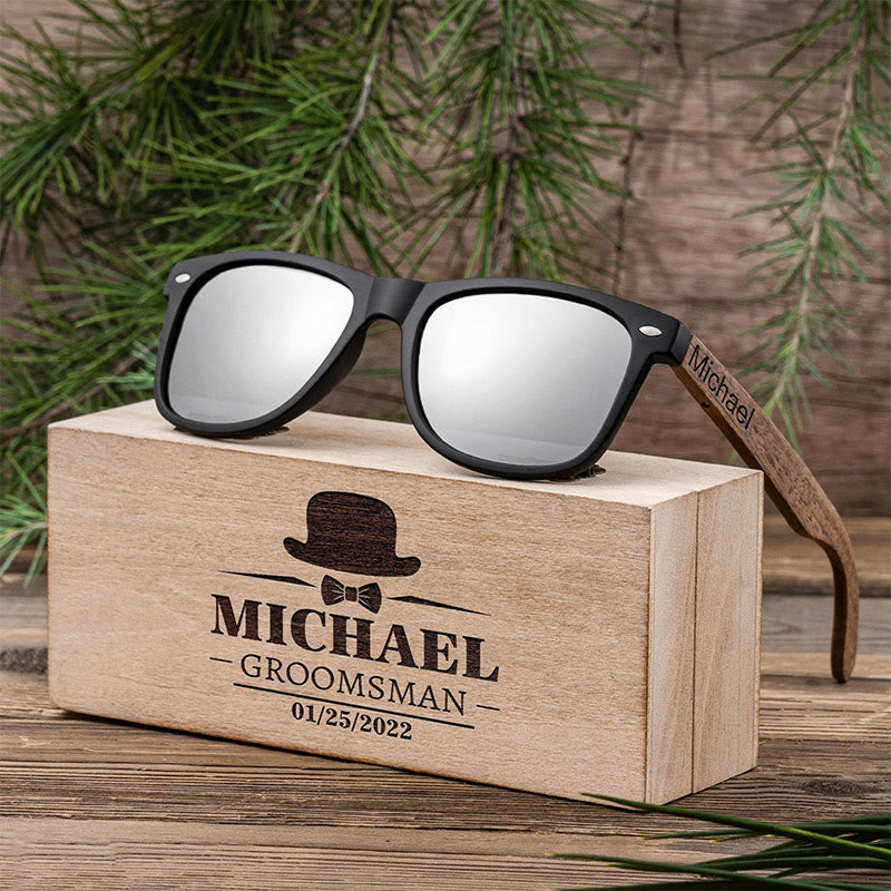 Sunshade Mirror Sunglasses Custom Name Wooden Case