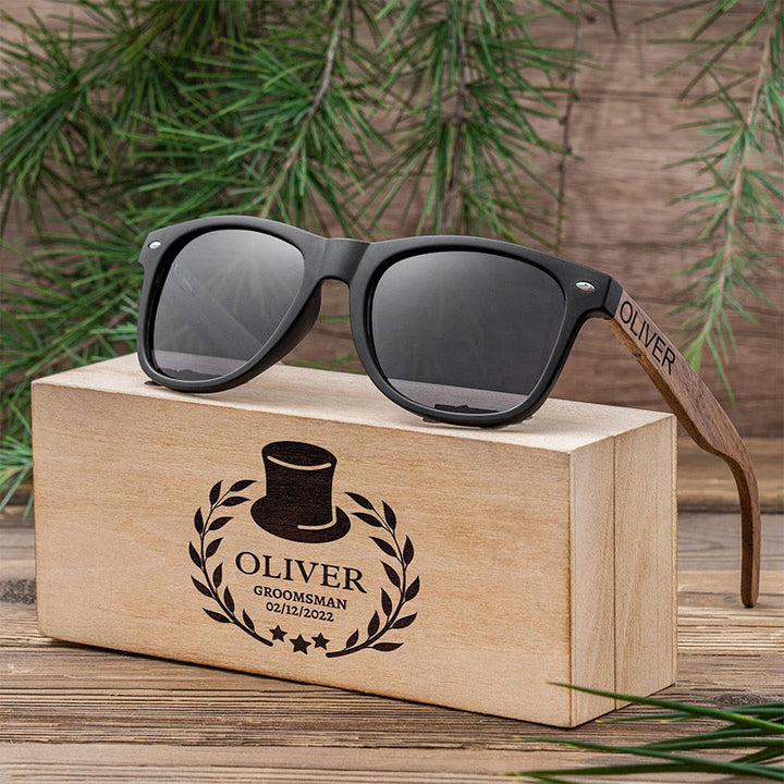 Sunshade Mirror Sunglasses Custom Name Wooden Case