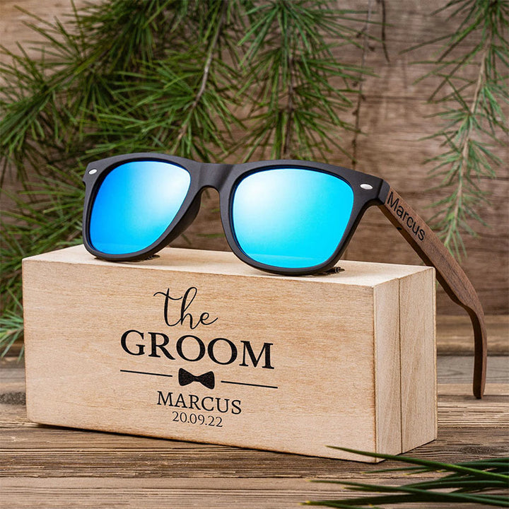 Sunshade Mirror Sunglasses Custom Name Wooden Case