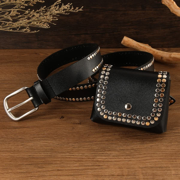 2Pcs Women's Punk Rivet Black Leather Belt With Belt Bag