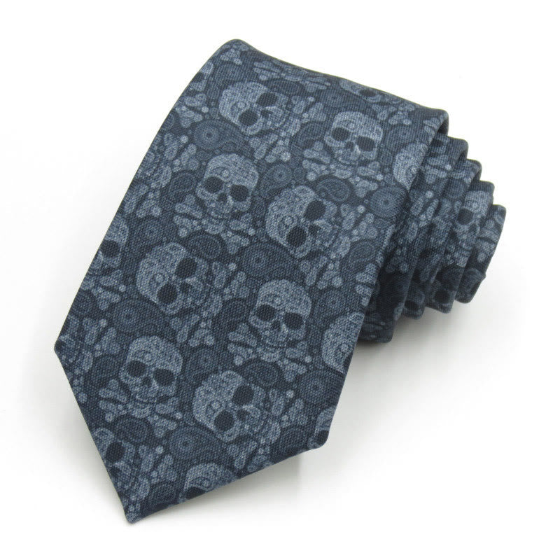 Men's Gray Skull Head Floral Pattern Necktie