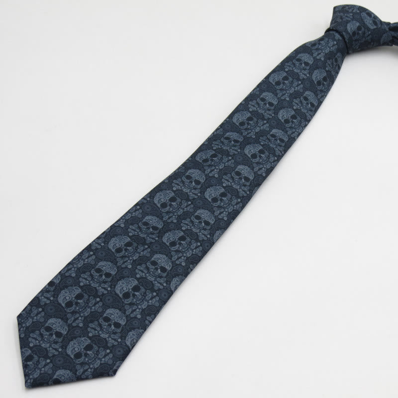 Men's Gray Skull Head Floral Pattern Necktie