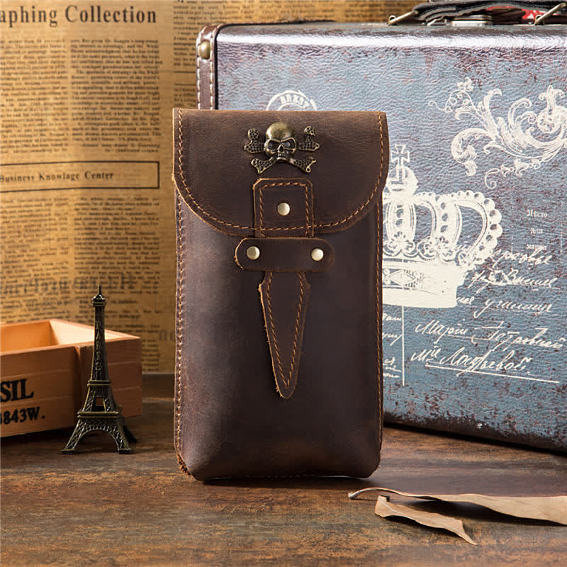 Skull Vertical Crazy Horse Mobile Phone Leather Belt Bag