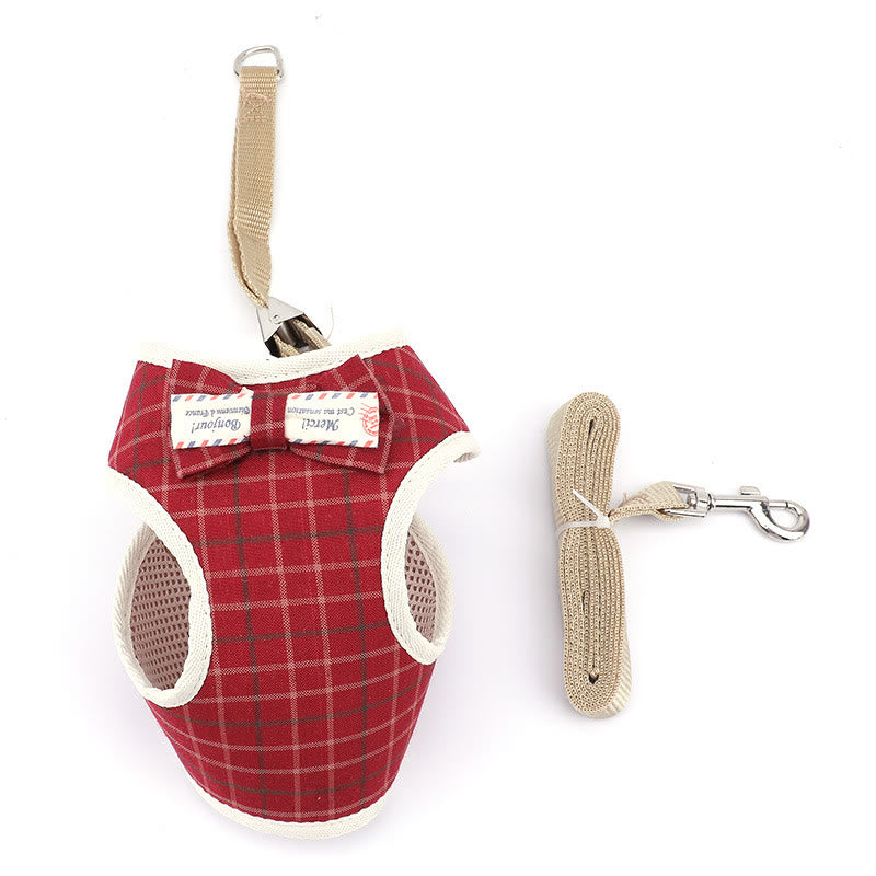Dog Cat Bow Tie Training Walking Vest Dog Harness Leash Set