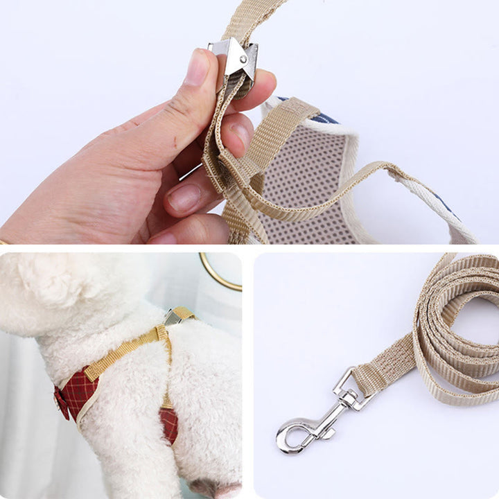 Dog Cat Bow Tie Training Walking Vest Dog Harness Leash Set