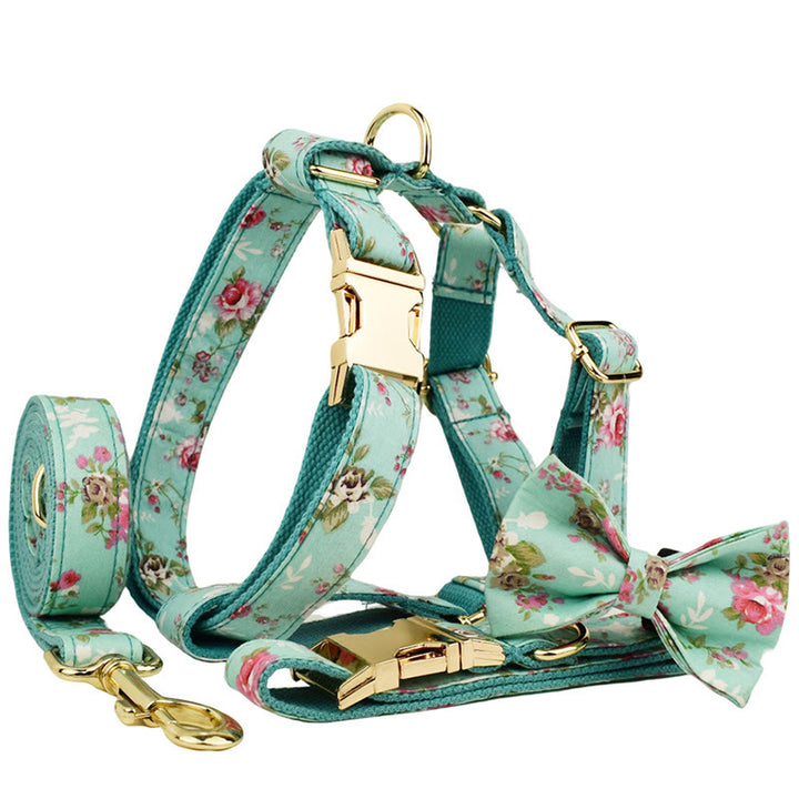 Floral Dog Cat Adjustable Bow Tie Collar Dog Harness Leash Set