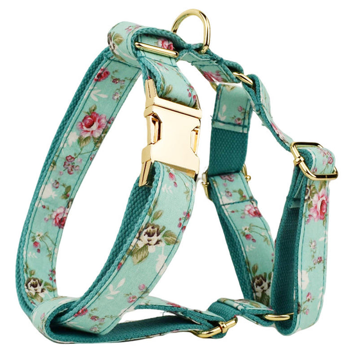 Floral Dog Cat Adjustable Bow Tie Collar Dog Harness Leash Set