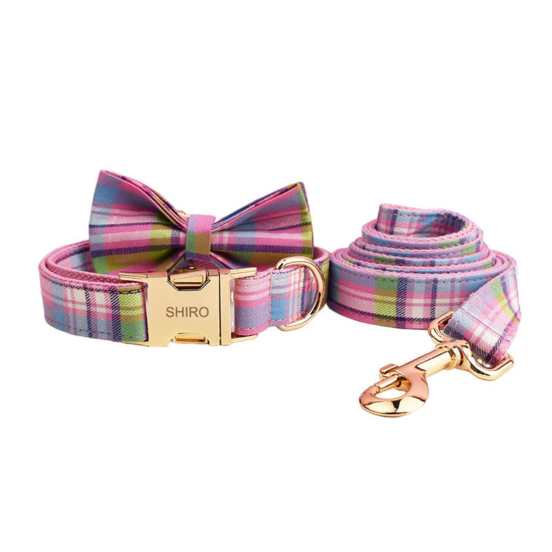 Color Plaid Dog Cat Adjustable Bow Tie Collar Dog Harness Leash Set