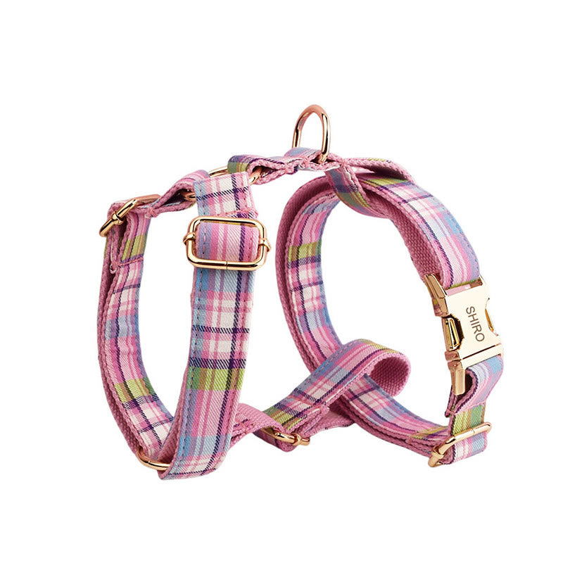 Color Plaid Dog Cat Adjustable Bow Tie Collar Dog Harness Leash Set