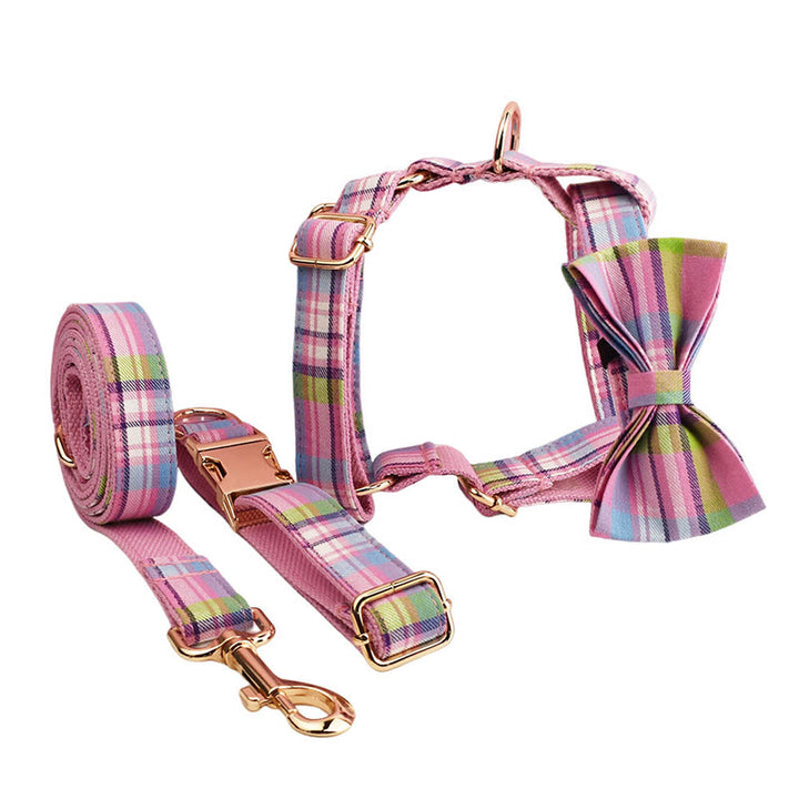Color Plaid Dog Cat Adjustable Bow Tie Collar Dog Harness Leash Set