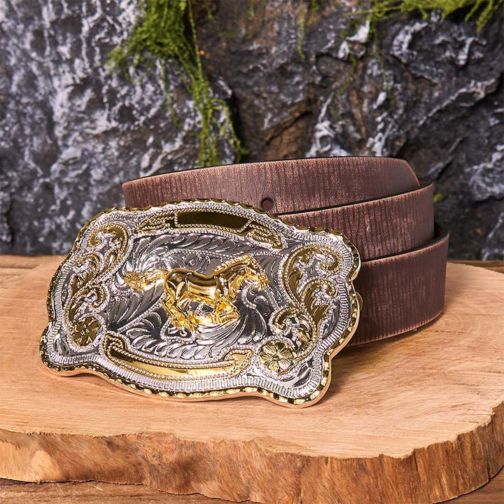 Gold Running Horse DIY Western Cowboy Buckle Leather Belt