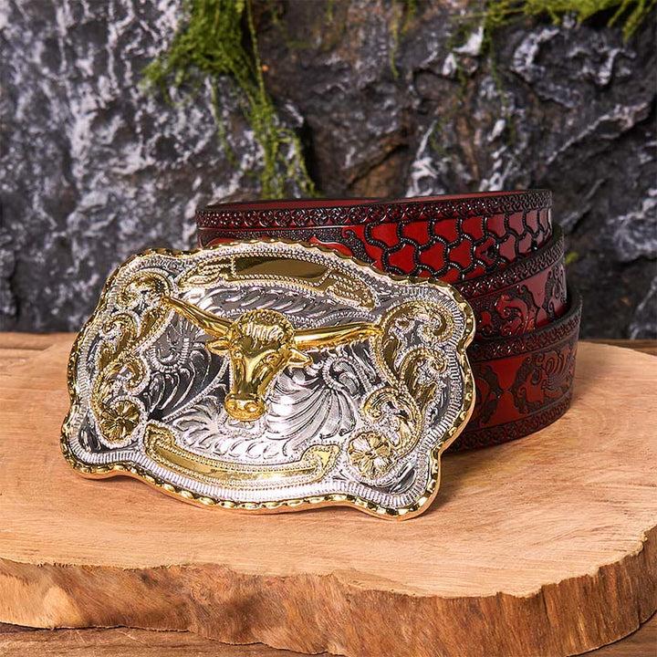 Gold Bull's Head DIY Western Cowboy Buckle Leather Belt