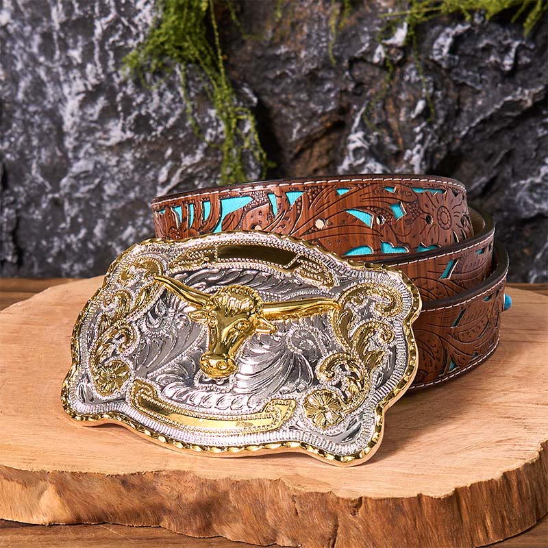 Gold Bull's Head DIY Western Cowboy Buckle Leather Belt