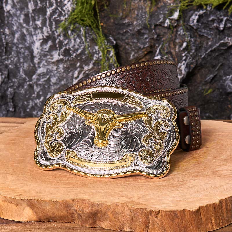 Gold Bull's Head DIY Western Cowboy Buckle Leather Belt