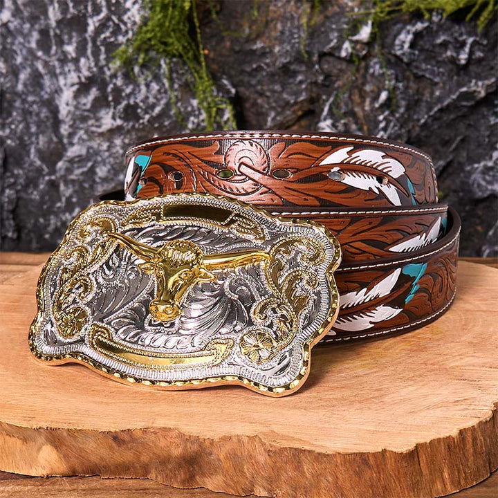 Gold Bull's Head DIY Western Cowboy Buckle Leather Belt