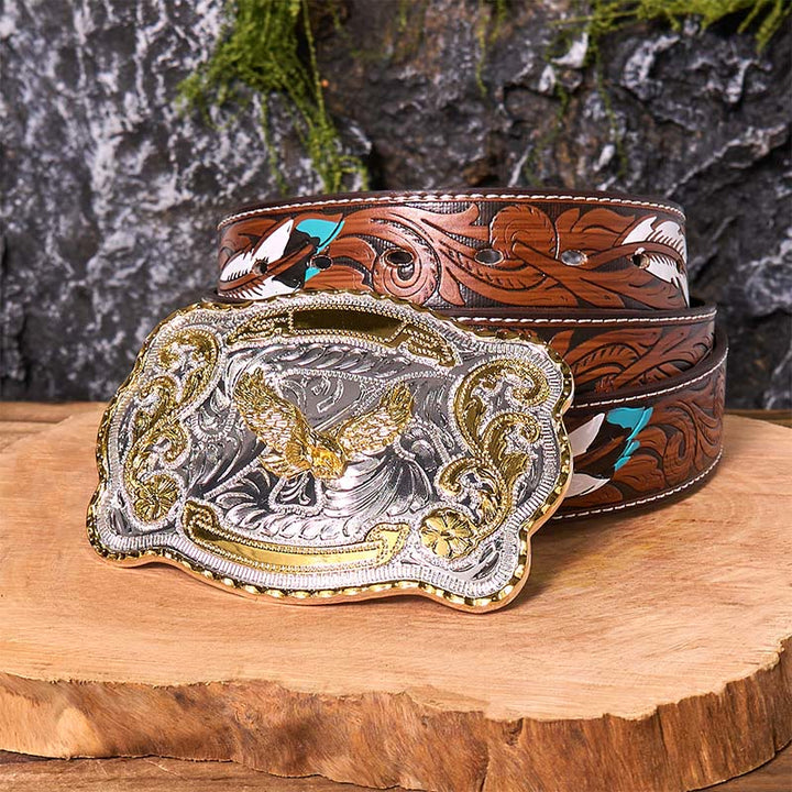 Gold Flying Eagle DIY Western Cowboy Buckle Leather Belt