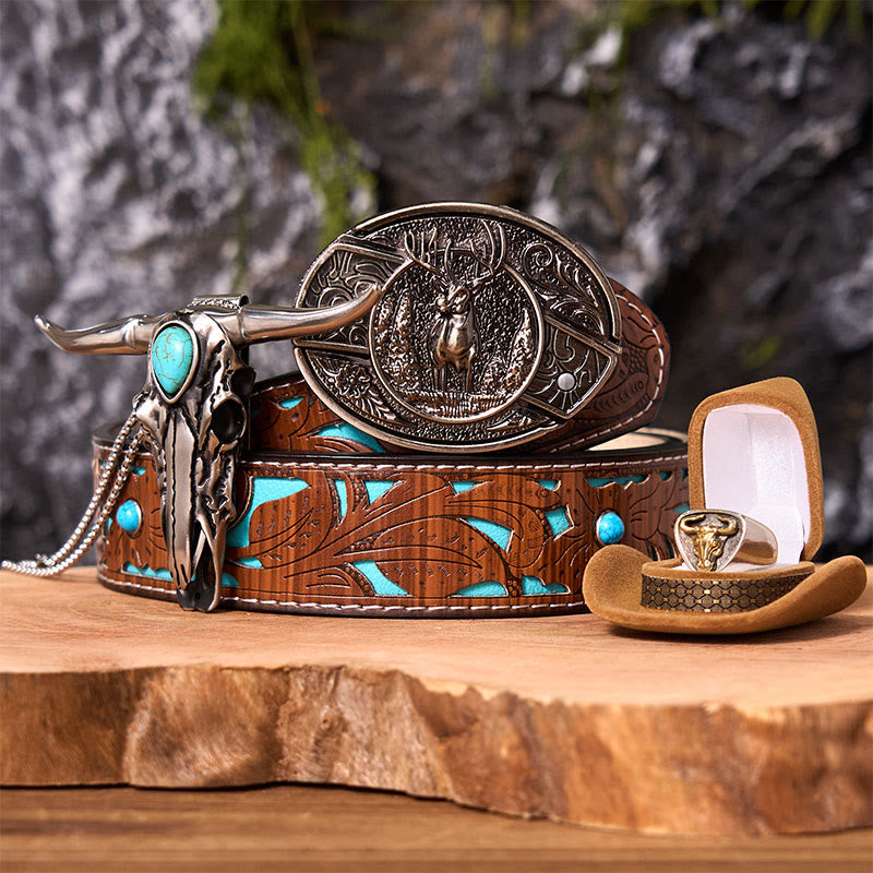 Forest Deer DIY Hidden Knife Belt Buckle With Bull Ring Bundle Set - Forest Deer - Turquoise Carved Belt - 42 - image 0